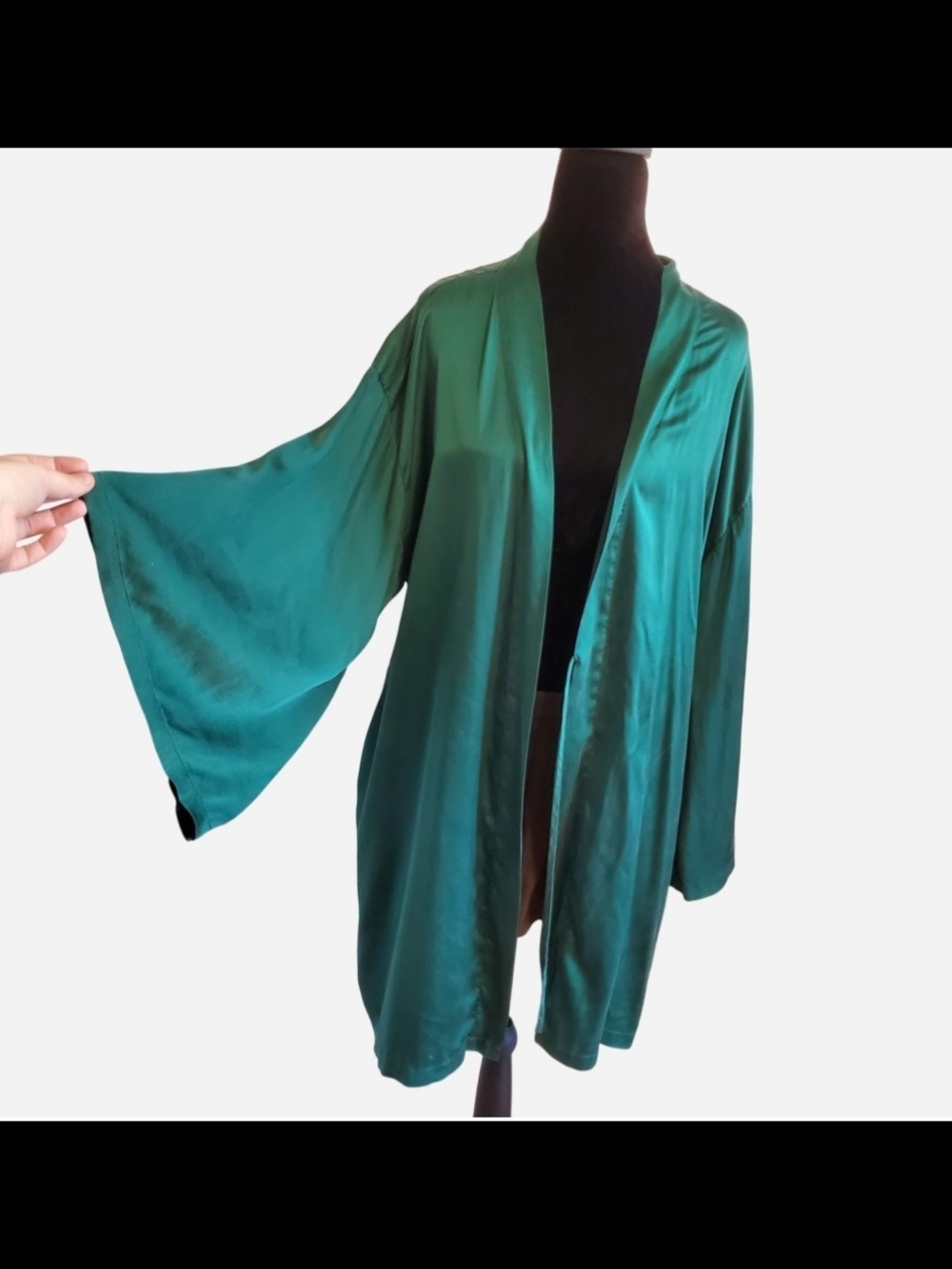 Victoria's Secret Green Satin Silk Blend Kimono Robe Flare Sleeve Size M Lounge